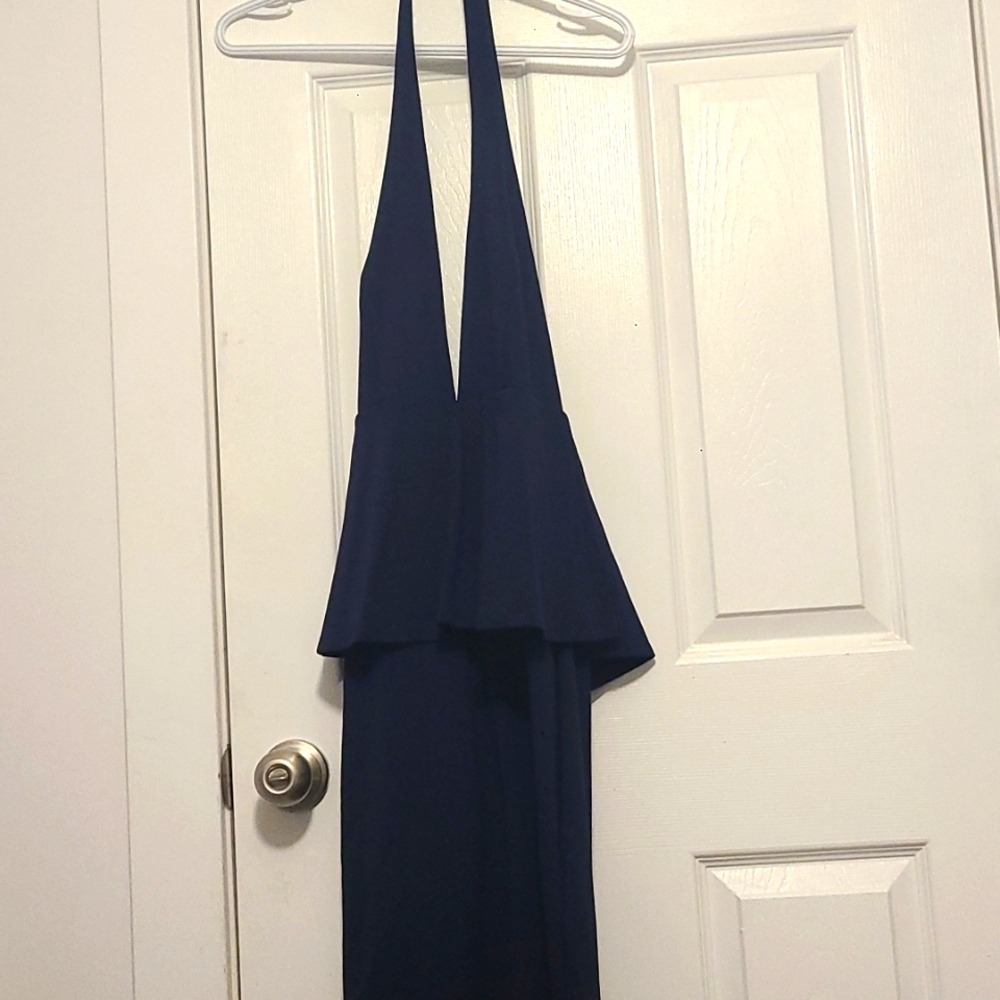 Nastygal Deep V Open Back Navy blue Halter Peplum dress